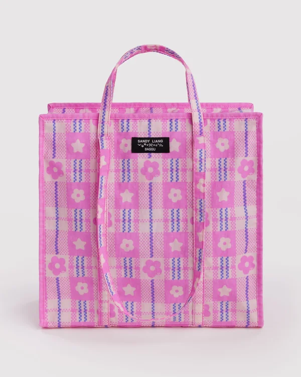 Large Nylon Market Bag - Market Plaid Pink - Material: heavyweight-nylon