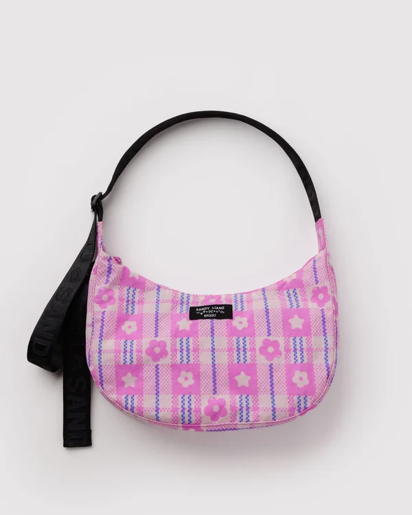 Medium Nylon Crescent Bag - Market Plaid Pink - Material: heavyweight-nylon