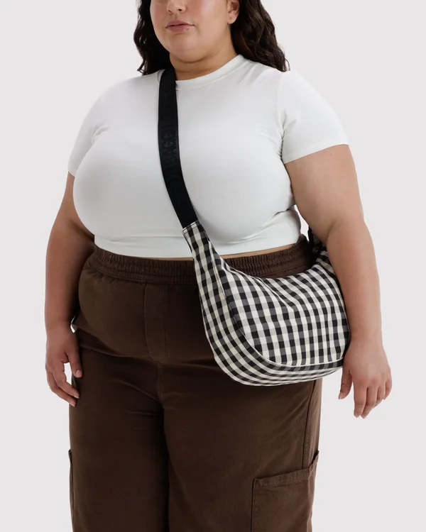 Medium Nylon Crescent Bag - Black And Cream Gingham - Size: OS